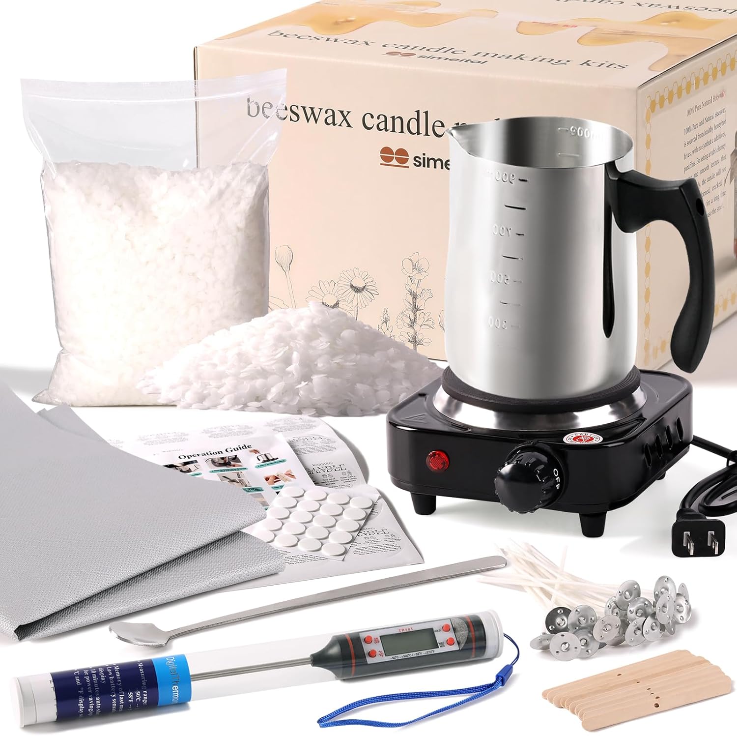 simeitol 2lb White Beeswax Candle Making Kit for Adults, Complete Gift Set with Melting Pot, DIY Starter Candle Making Supplies for Home Decor/Gift Crafting/Holiday Party