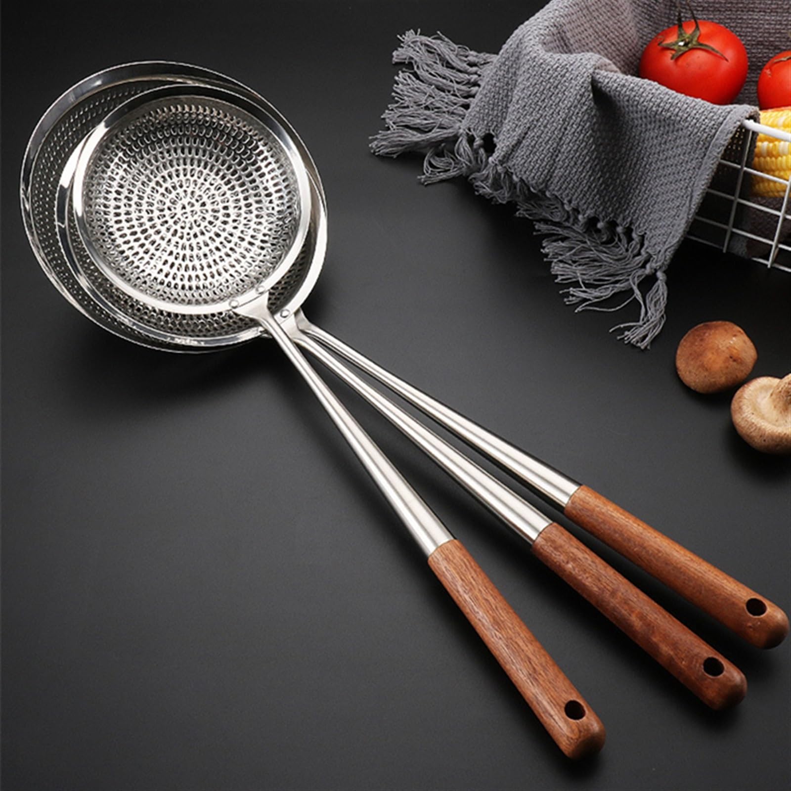 Colador Espumadera Cuchara Ranurada Inoxidable, Mango largo de madera Colador de pasta Escurridor de fideos Cucharas Espumador de cocina Colador de papas fritas Filtro de alimentos Nuevos utensilios d