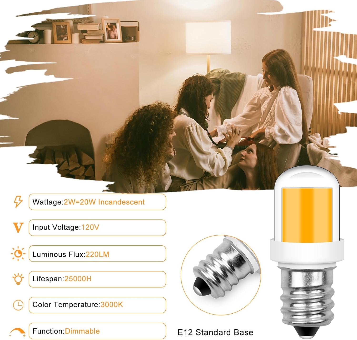 E12 20w Replacement LED Candelabra Bulbs C7, Dryer LED Light Bulb for Dryer Drum and Specific 120V S6 Water Dispenser Light Bulb WE05X20431 Night Light, 2W Warm White 3000K, 2-Pack