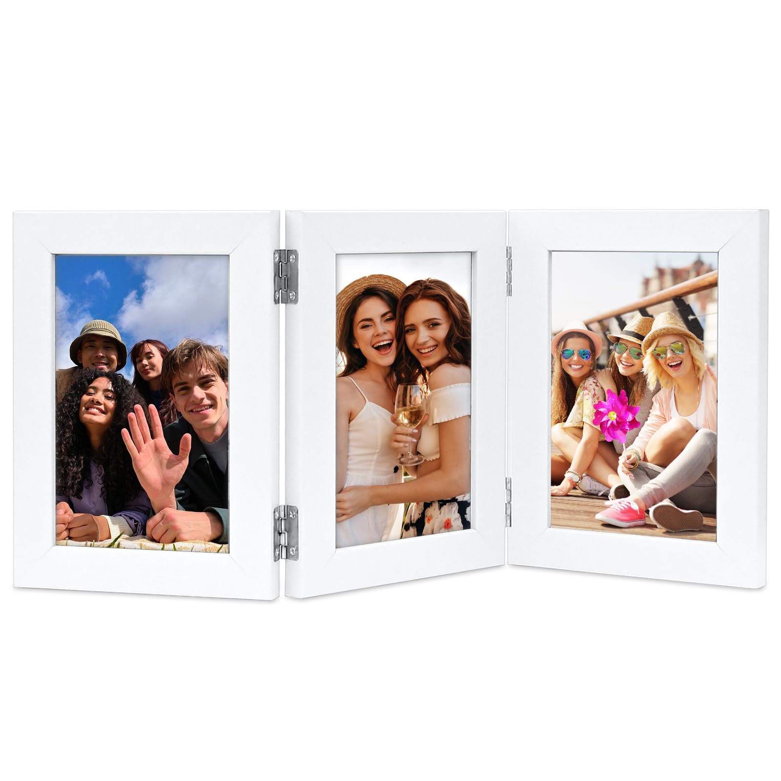 ROYUEXT Triple Folding Photo Frame, Multi Picture Frame with 180Β° Folding Hinge, Family Frame Front Stand Vertical on DesktopTabletop & Wall Display, White, 5x7 Inch