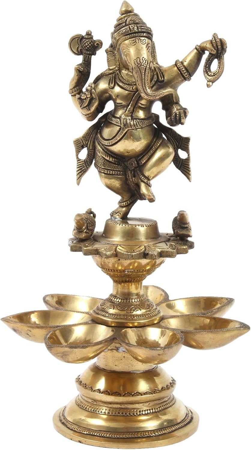 Exotic India 12" Nritya Lord Ganesha Brass Statue on Seven Wicks Oil Lamp for Puja Room, Temple, Home, Office, Table Décor