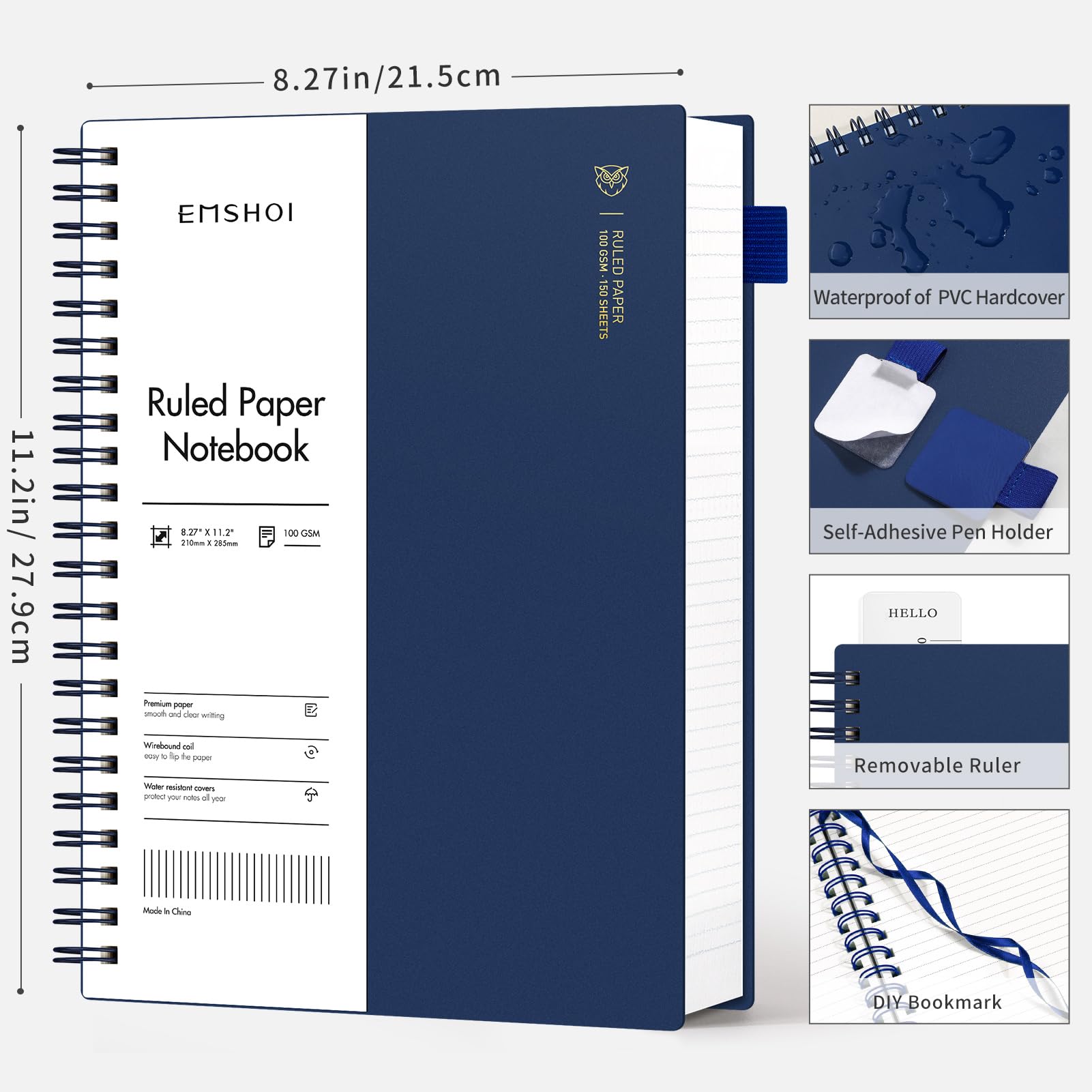 EMSHOI A4 Notebook College Ruled, Spiral Notepad 150 Sheets/300 Pages, 100gsm, PVC Cover, Sticky Notes, Pocket, Pen Loop - Image 3