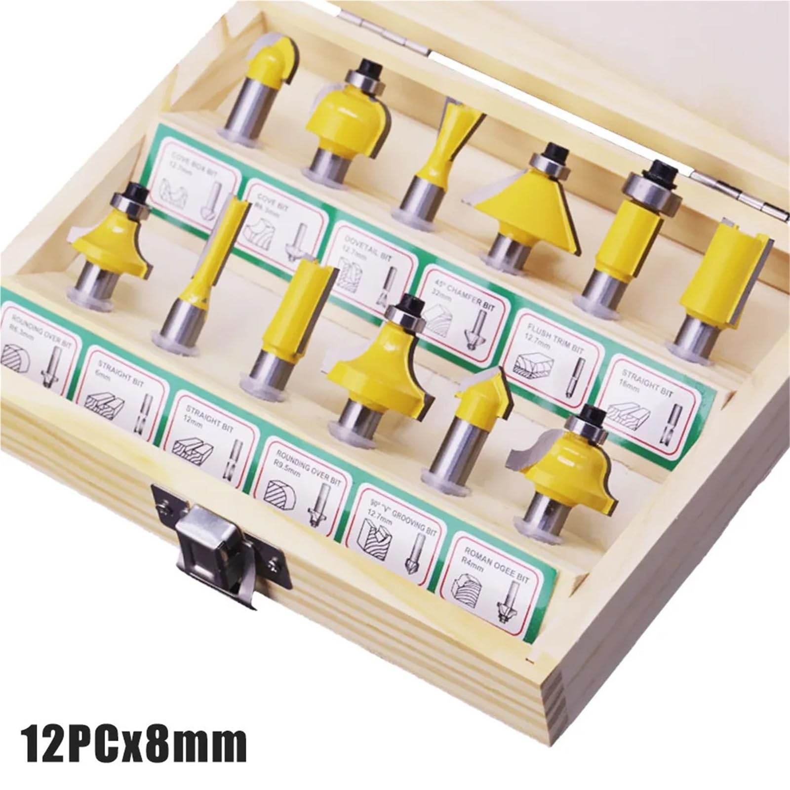 1 jeu de fraises à bois en carbure tungstène massif for CNC, machine gravure sur, fraisage et finition électriques Travail du bois(12pcs-8mm-yellow)