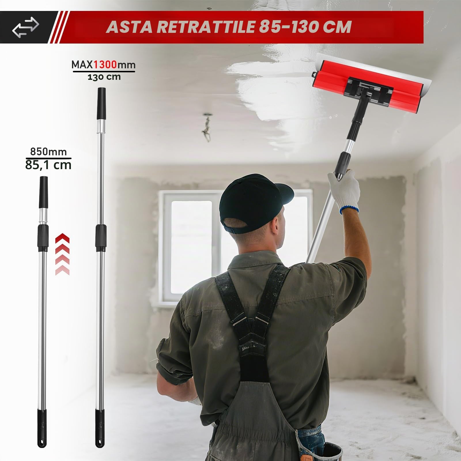 Set di spatole per superfici,inclusi 5 raschietti superfici 190 mm a mezzaluna 250 mm 400 mm 600 mm 800 mm con lame di ricambio 2 raschietti manuali asta telescopica in alluminio Spatula (Rosso)