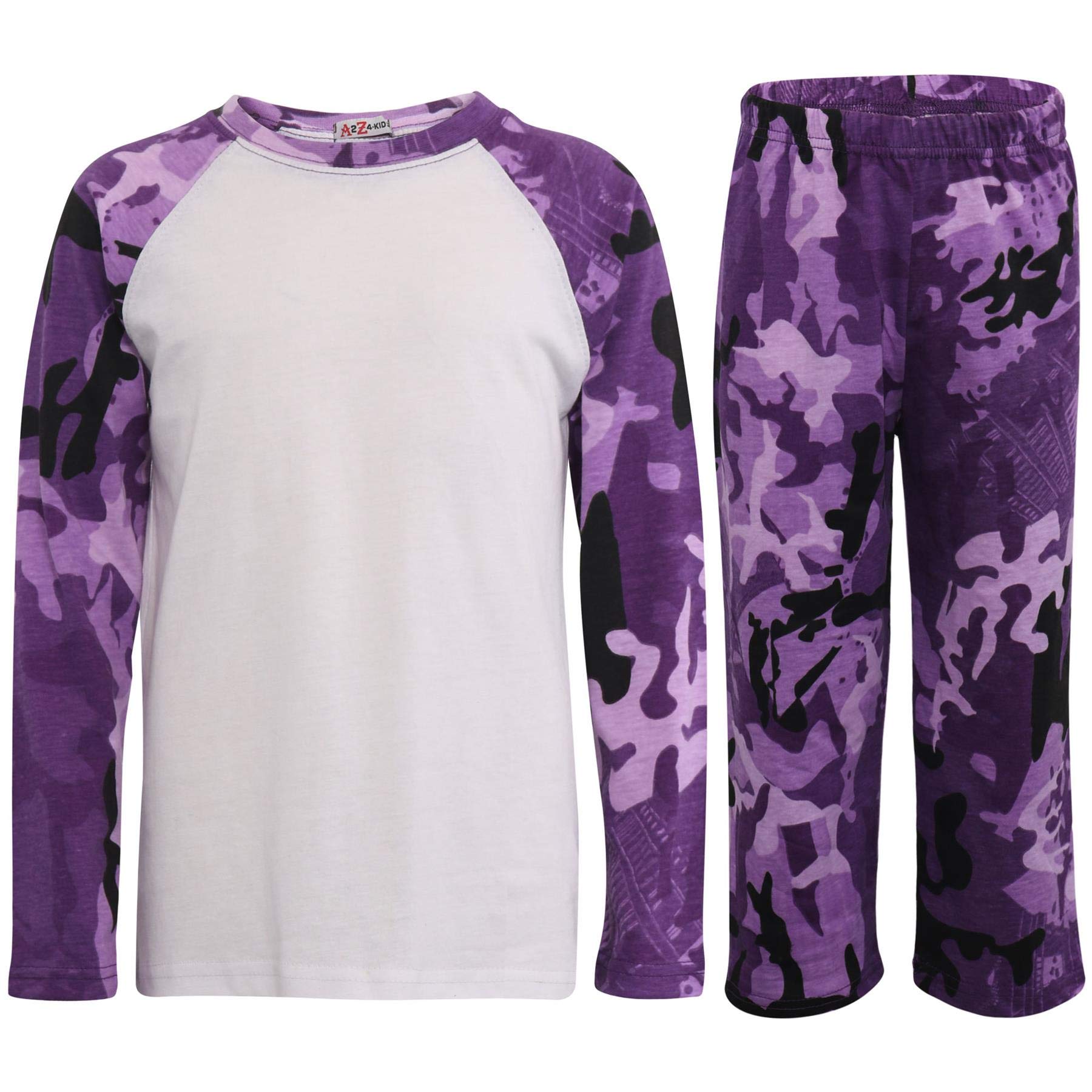A2z 4 Kids Girls Camo Purple Boys Pjs Plain Pyjamas Set Lounge Suit Top Bottom - Pjs Plain 3-4