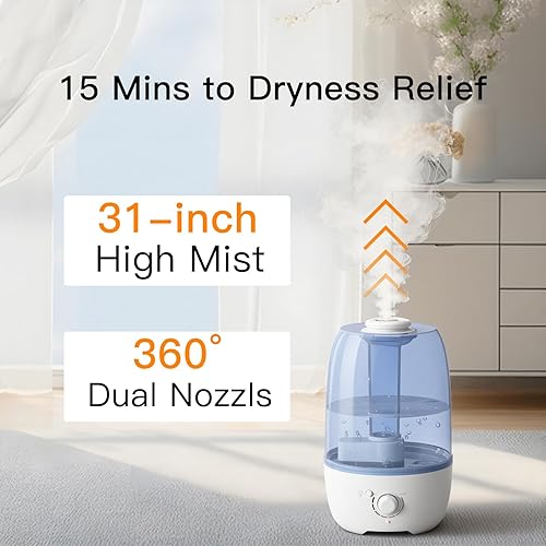 Miniatura 3 de MEGAWISE Humidificador para dormitorio infantil con gran capacidad de 3.2L, diseño sin fugas, salida de niebla fina, apagado automático, tanque
