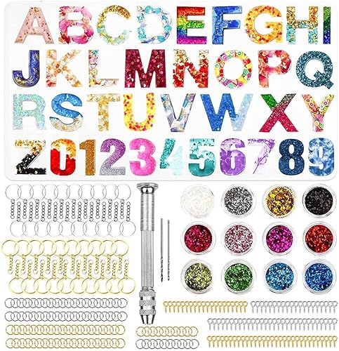 Surakey Moldes de resina del alfabeto, 236 piezas de moldes de silicona hacia atrás 26 letras 10 números molde para hacer joyas de bricolaje molde