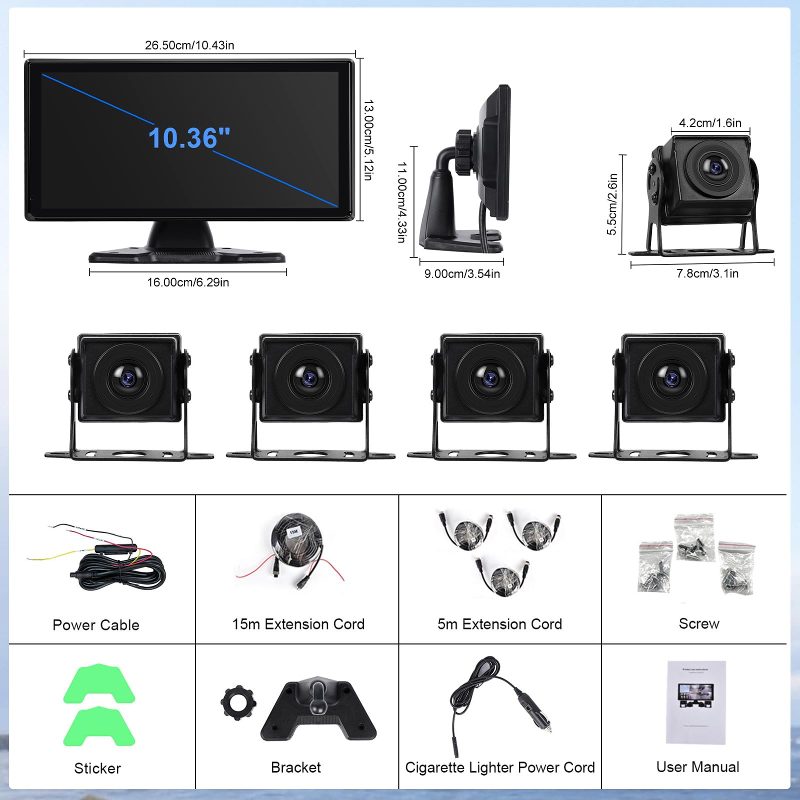 Hodozzy Kit Caméra de Recul 4K avec 4 Caméra AHD Filaire, CarPlay sans Fil Android Auto, Voiture Écran Tactile 10,36 Pouces 4 Split Moniteur, Bluetooth, FM Loop Recording USB/TF Écran CarPlay