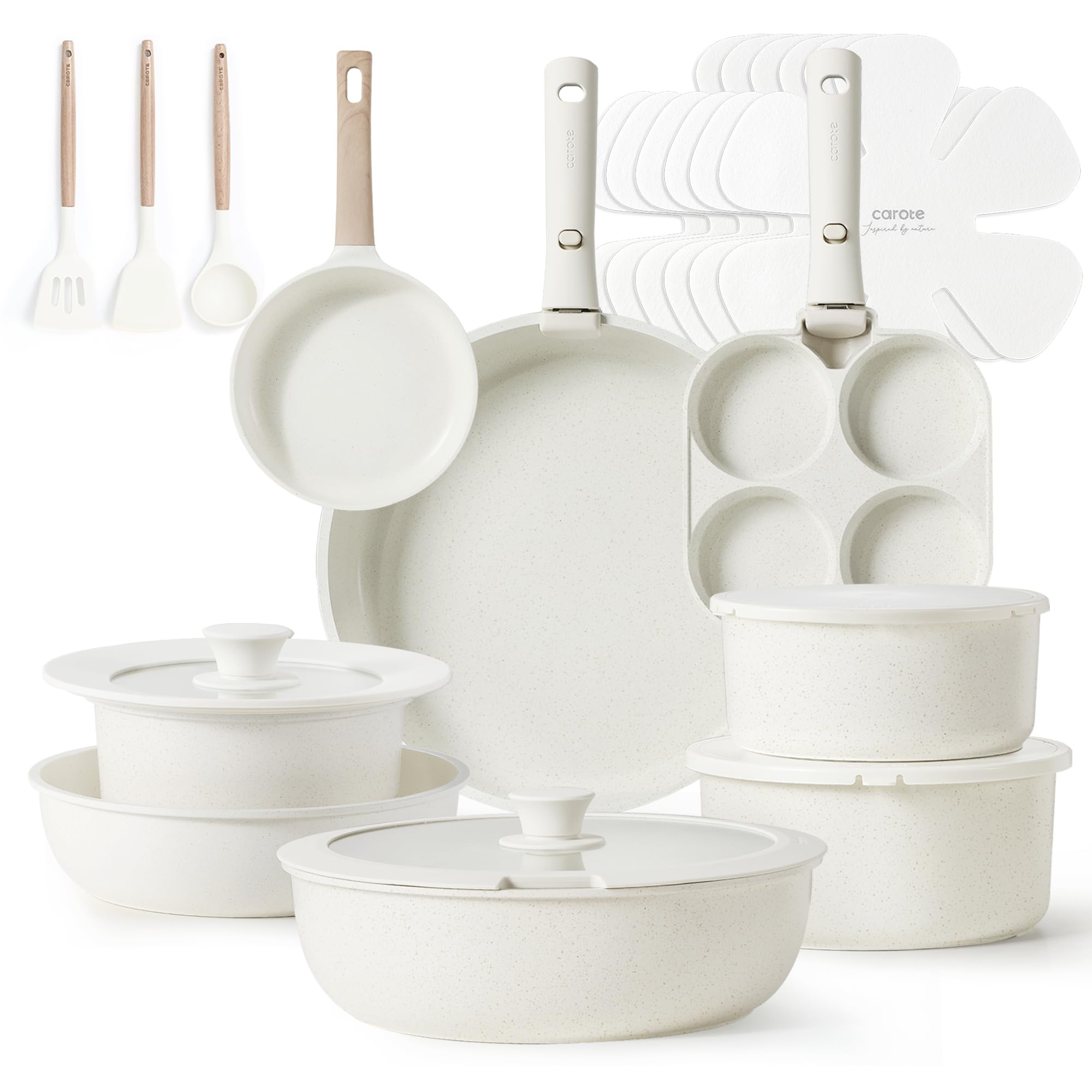 CAROTE 23pcs Pots and Pans Set Non Stick, Cookware Sets, Kitchen Set, Oven/Dishwasher/Fridge Safe, Space Saving Pots Set, Nonstick Set with Versatile Detachable Handle, Induction RV Set, Cream