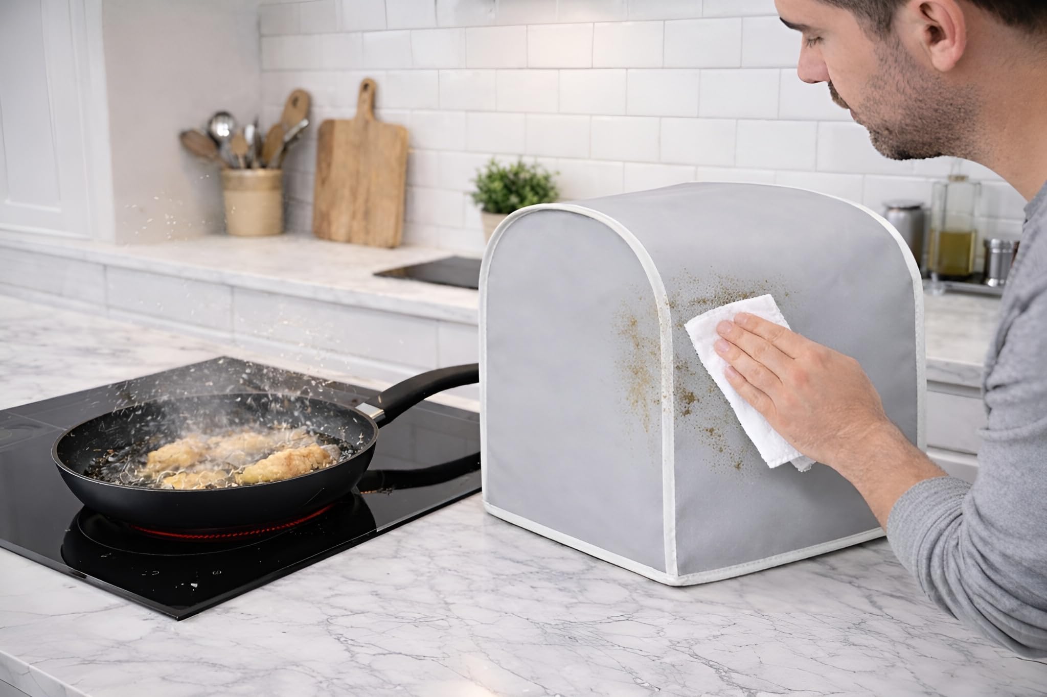 Copertura Monsieur Cuisine connect/smart/plus. Copertura protettiva per robot da cucina. Similpelle antimacchia e idrorepellente. Antibatterica e ignifuga. Fatta a mano in Europa. Grigio.