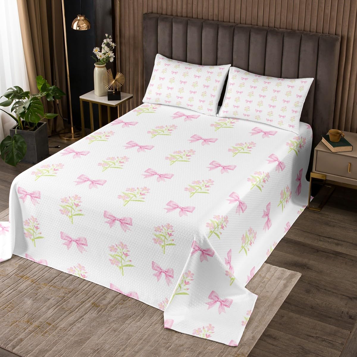 Manfei Pink Bowknot Kids Bedspread Twin Size,Cartoon Flowers Floral Botanical Romantic Coverlet Set,Girls Boys Room Decor,Bow Tie Butterfly Knot Quilted Coverlet,Princess Bedding Quilt,1 Pillowcase