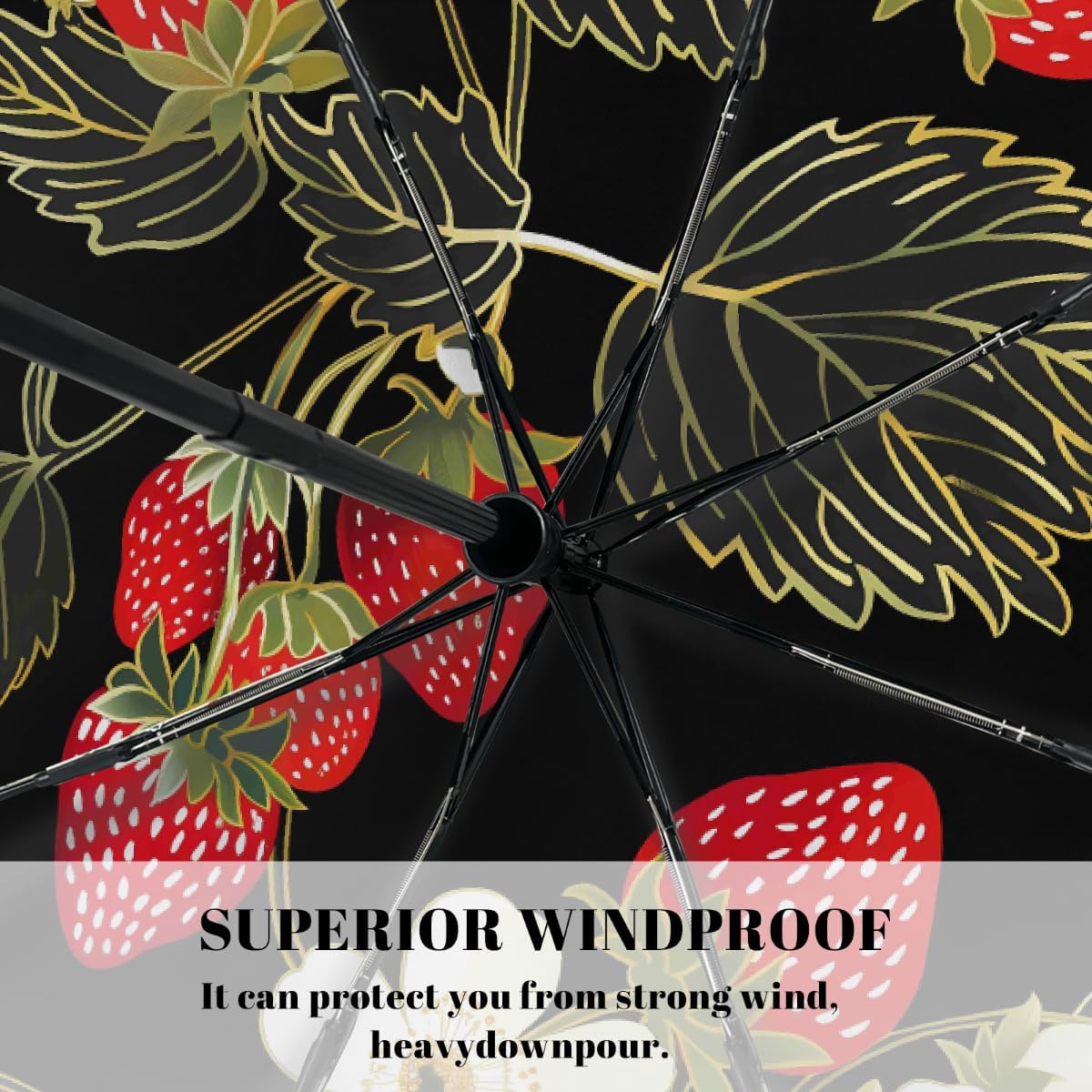 Fruit Strawberry Flower Pattern Folding Umbrella Windproof Compact Lightweight Travel Umbrella with 8 Reinforced Ribs, Portable UV Sun & Rain Protection for Men & Women
