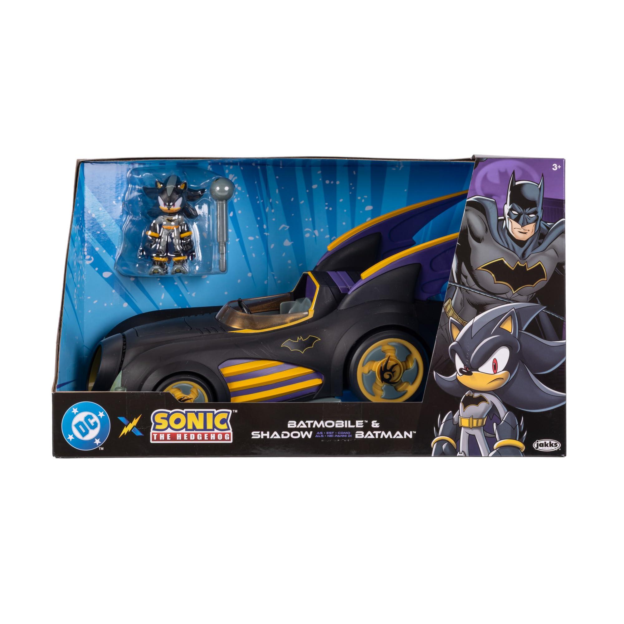 DC x Sonic Shadow en Batman avec Batmobile, Coffret de Figurines de 6,35 cm (2,5 Pouces), sous Licence Officielle Jakks Pacific, véhicule interactif avec Lance-Projectile et Turbine rotative.