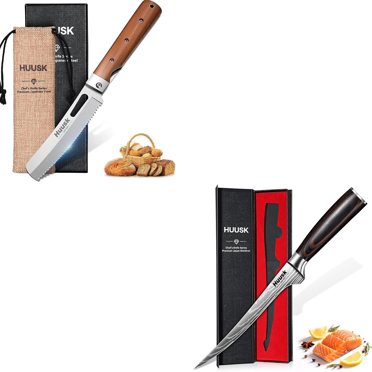 Huusk Filet Knife for Fish - 7 Inch Fish Fillet Knife Bundle with a Portable Bread Knifes,Flexible Boning Knives for Meat Cutting, Professional Japanese Fishing Knives for Meat Poultry Cutting