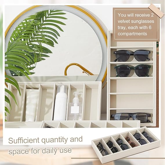 Juexica 2 Pcs Velvet Sunglass Trays 6 Grids Sunglasses Organizer, Beige