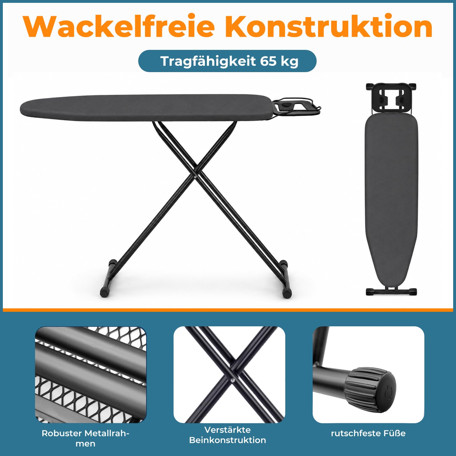 Bügelbrett 110 x 34 cm, 7-stufige Höhenverstellung, klappbar, hitzebeständiger Baumwollbezug, metallenes Belüftungsgitter, mit Bügelablage, Stabiler Stahlrahmen, platzsparend für Haushalt