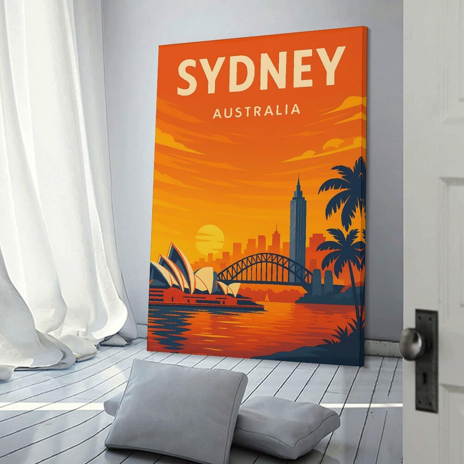 Junmoney Frame-Style-5 Sydney Australia Vintage Travel Poster – Opera House & Harbour Bridge Sunset Art Home Decor Wall Art 20X30inch(50X75cm), For Bedroom, Guest Room Or Reading Nook, Decorative Wall Art For Cosy Rooms