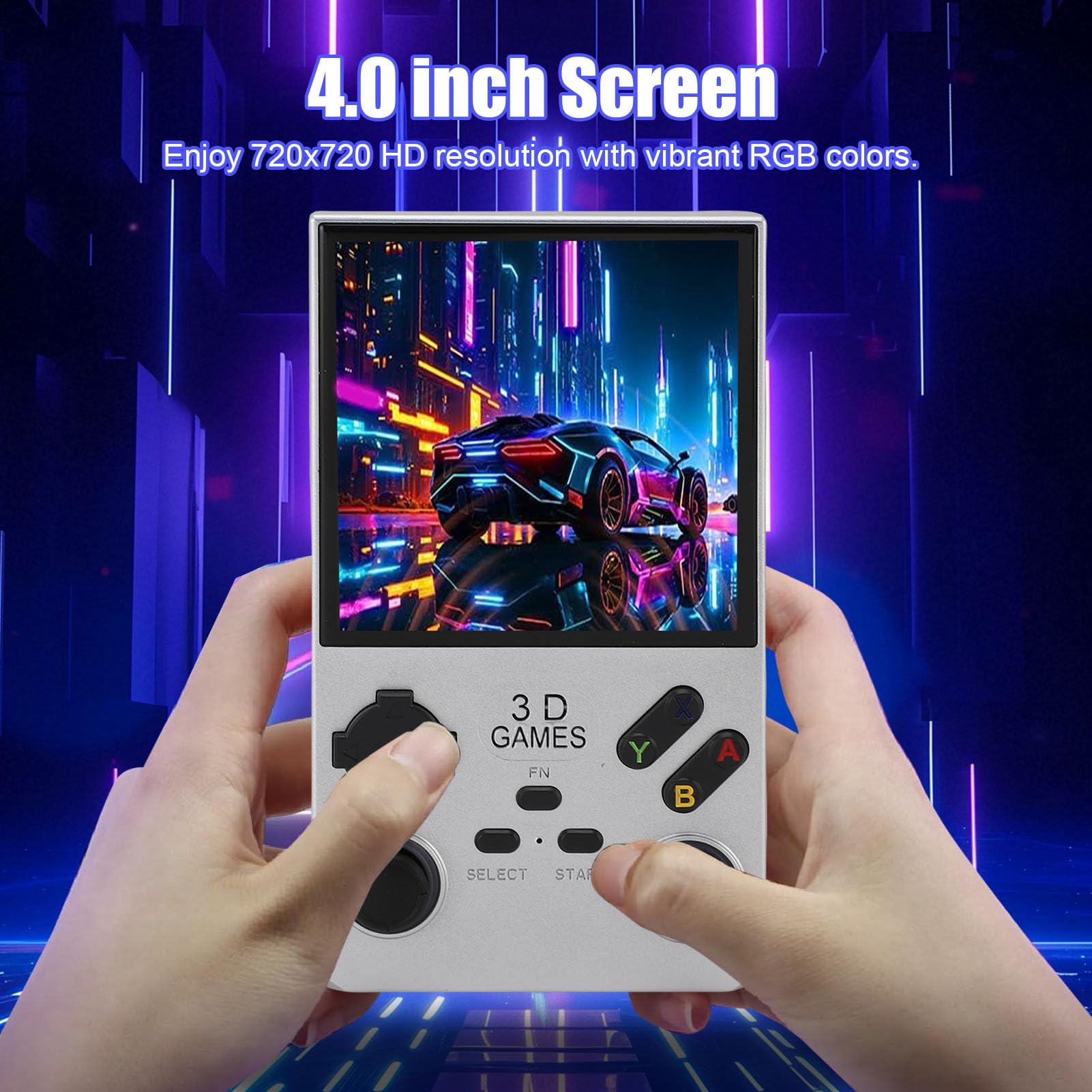 Goshyda Handheld -Spiel, Tragbare Retro -Gaming -Konsole mit RGB -Farben, die in 256 GB Speicherkarte 45 Emulatoren Eingebaut Sind, 4.0 Im HD -Bildschirm Video Player (SILVER)