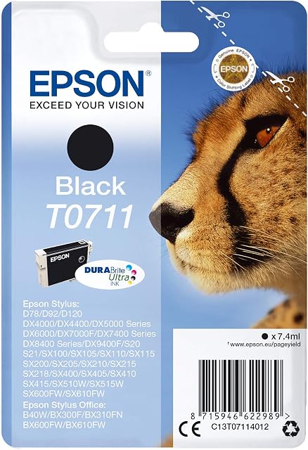 Epson T0711 Cheetah Black, Genuine, DURABrite Ultra Ink