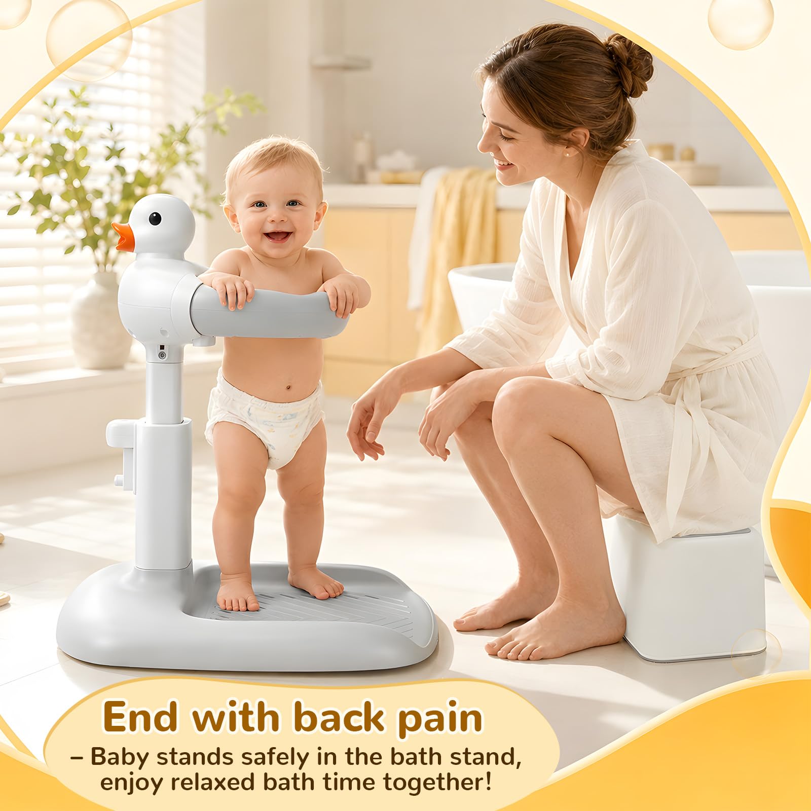 Supporto Doccia Bambini in Piedi con Bracciolo Semiautomatico, Altezza Regolabile 45-63 Cm, Sedile Doccia Antiscivolo, Schienale Ergonomico, Base Stabile, Include Papera Squittente (Grigio-Bianco)