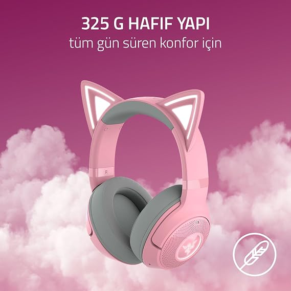 Razer Kraken Kitty V2 BT - Kitty Kulaklı Kablosuz Bluetooth RGB Kulaklık (Bluetooth 5.2, TriForce 40 mm Sürücüler, Entegre Işınlama Gürültü Önleyici Mikrofon, 40 Saate Kadar Pil Ömrü) Kuvars Pembe