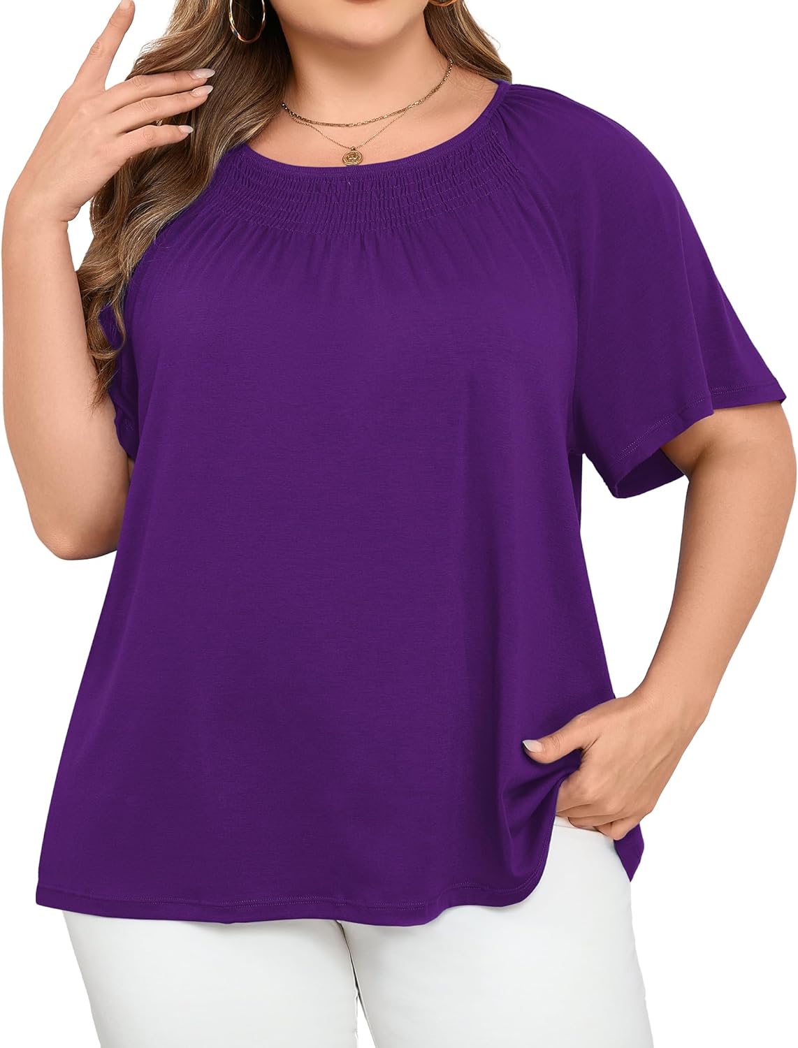 FOREYOND Plus Size Tops for Women Short Sleeve Ruffle Shirts Crewneck Blouses Dressy Casual Pleated Fashion Tunic Top - Image 2