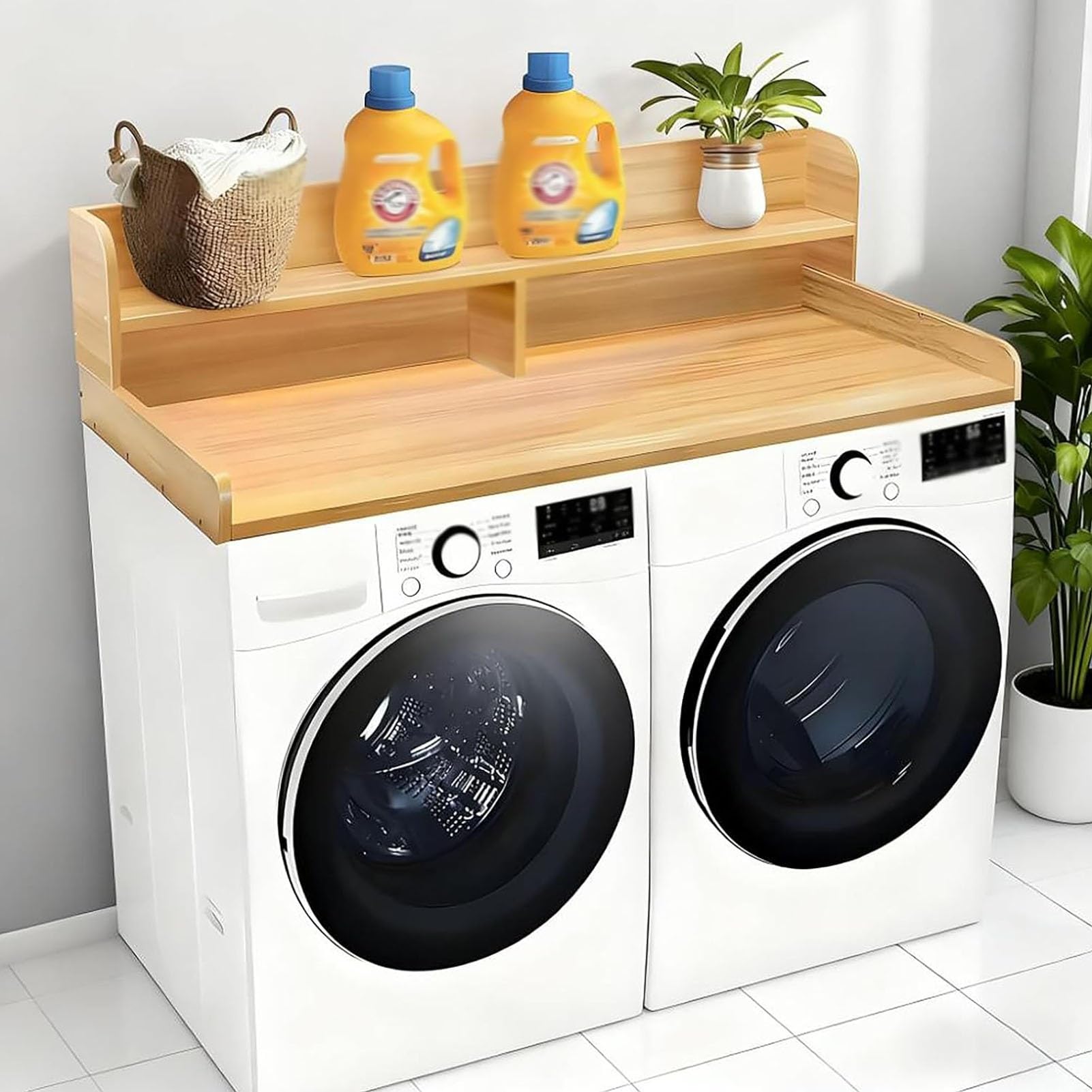 Bois Comptoir Pour Lave-linge, Plan de Travail de Buanderie À Deux Niveaux Avec Bords Arrondis, À Placer Au-dessus Du Lave-linge Et Du Sèche-linge(Gray)