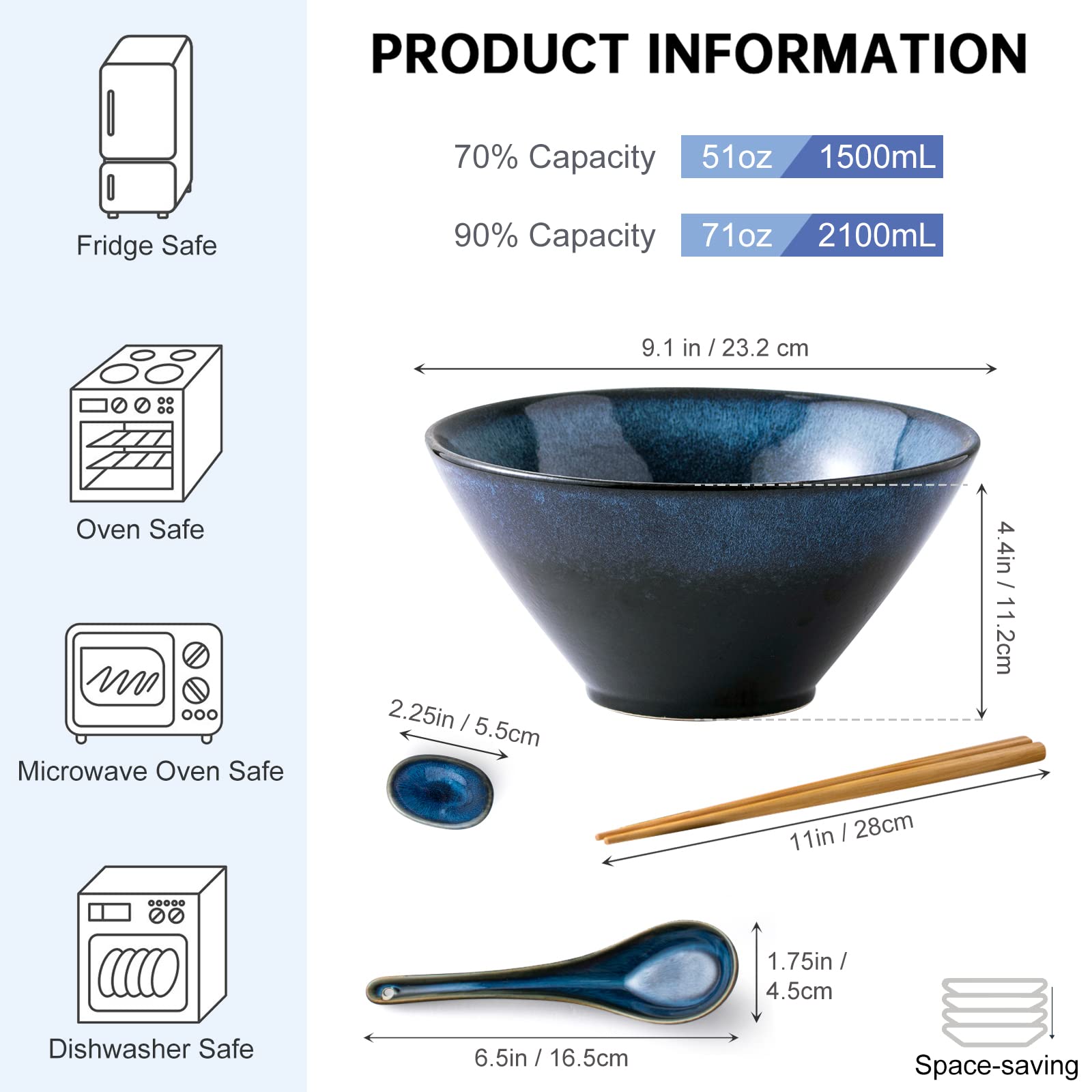HENXFEN LEAD Japanische Ramen Schüssel Set aus Keramik, 2L Große Suppenschalen Ramen Bowl Set mit 2X Schüssel, Essstäbchen, Keramiklöffel, Essstäbchenablage, Blau