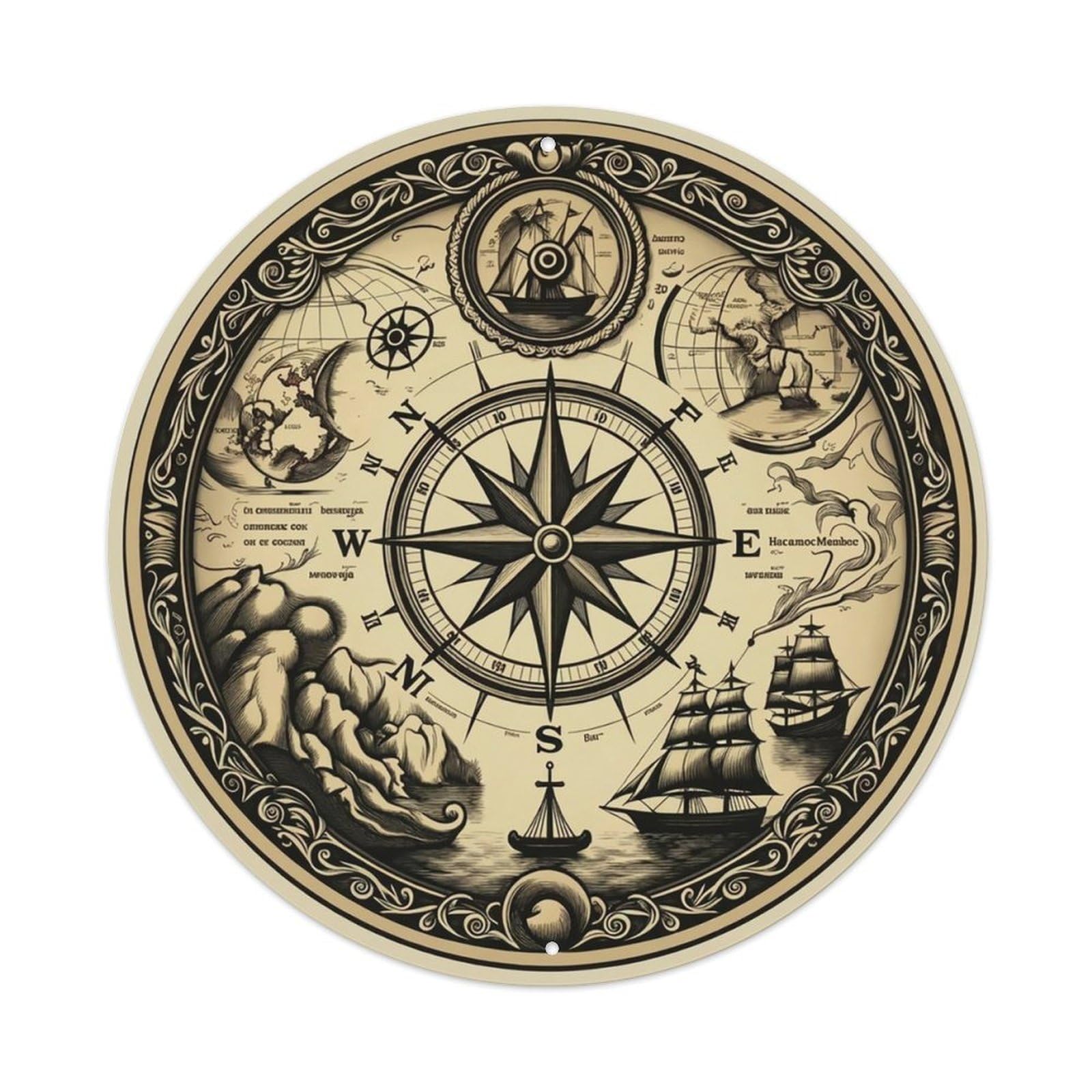 Vintage Nautical Compass World Map Fathom Legacy Metal Tin Sign