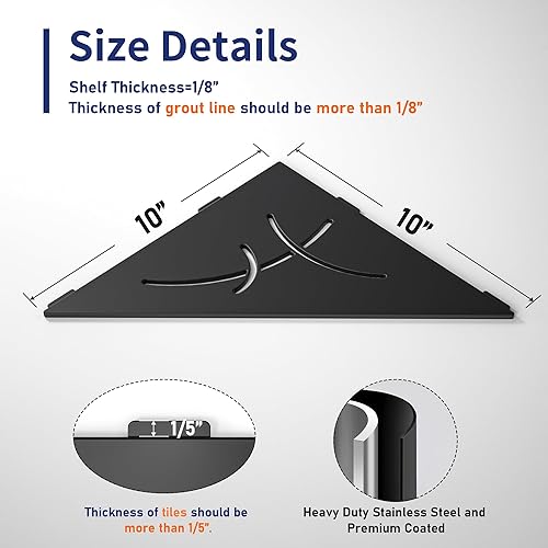 Miniatura 2 de Estante esquinero de ducha de 10 pulgadas, color negro mate 304, diseño de ranura resistente, estante esquinero empotrado para pared de azulejos,