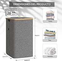 Vista 4 de BALEINE Cesta de lavandería con tapa, cestas altas para la ropa sucia con asas de bambú, contenedor grande para la ropa sucia con soporte interno