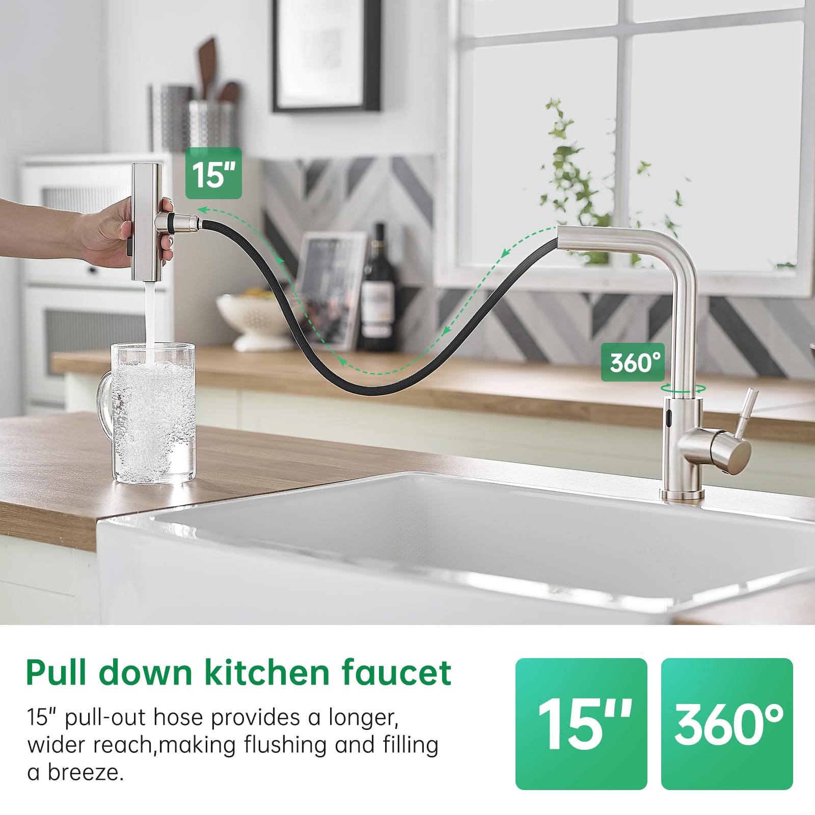 CENOSA Grifo de cocina sin contacto con sensor de movimiento, manos libres, rociador extraíble, níquel