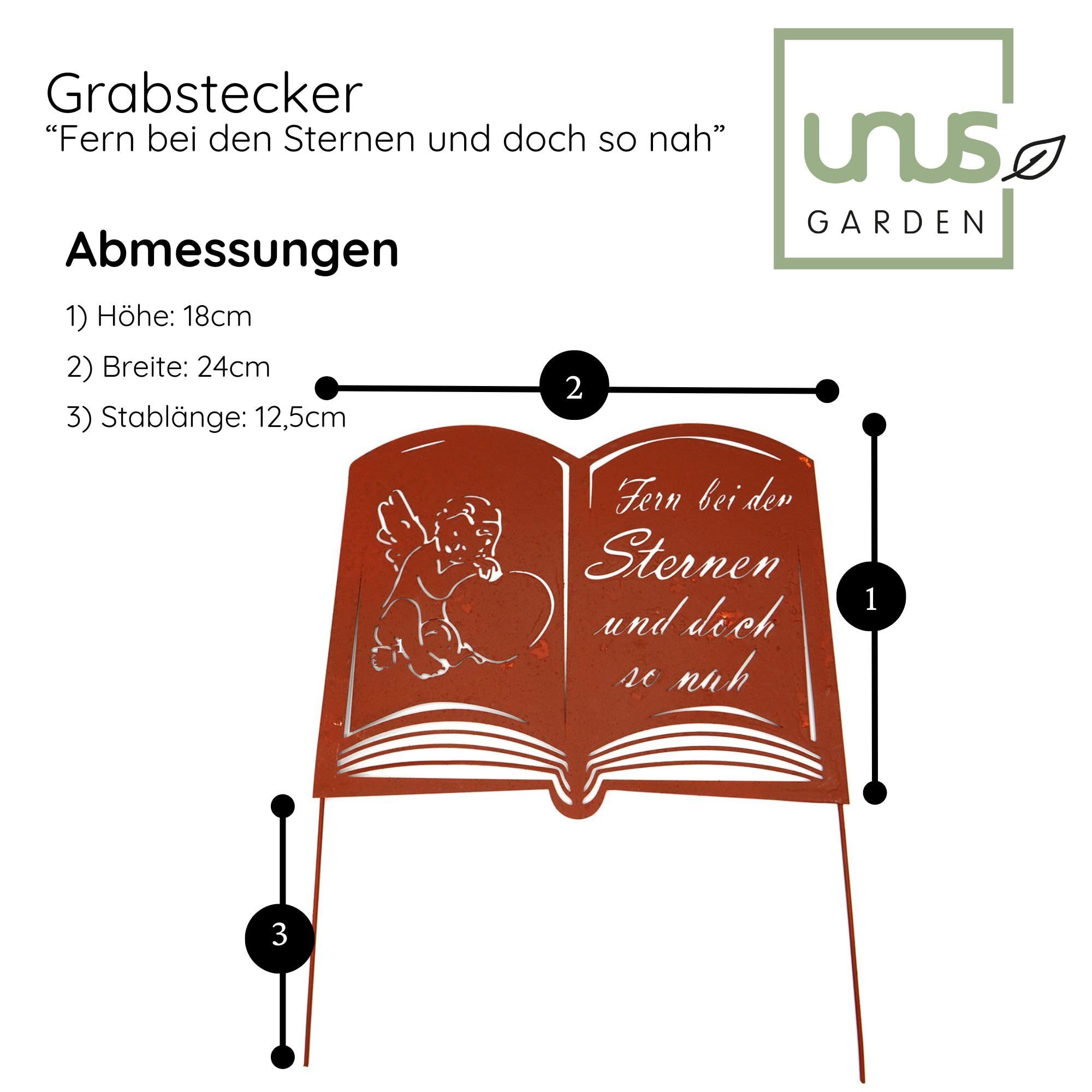 UNUS Grabstecker Rost Buch 'Fern Bei Den Sternen' - Wetterfeste Grabdekoration Mit Engel Für Friedhof & Urnengrab