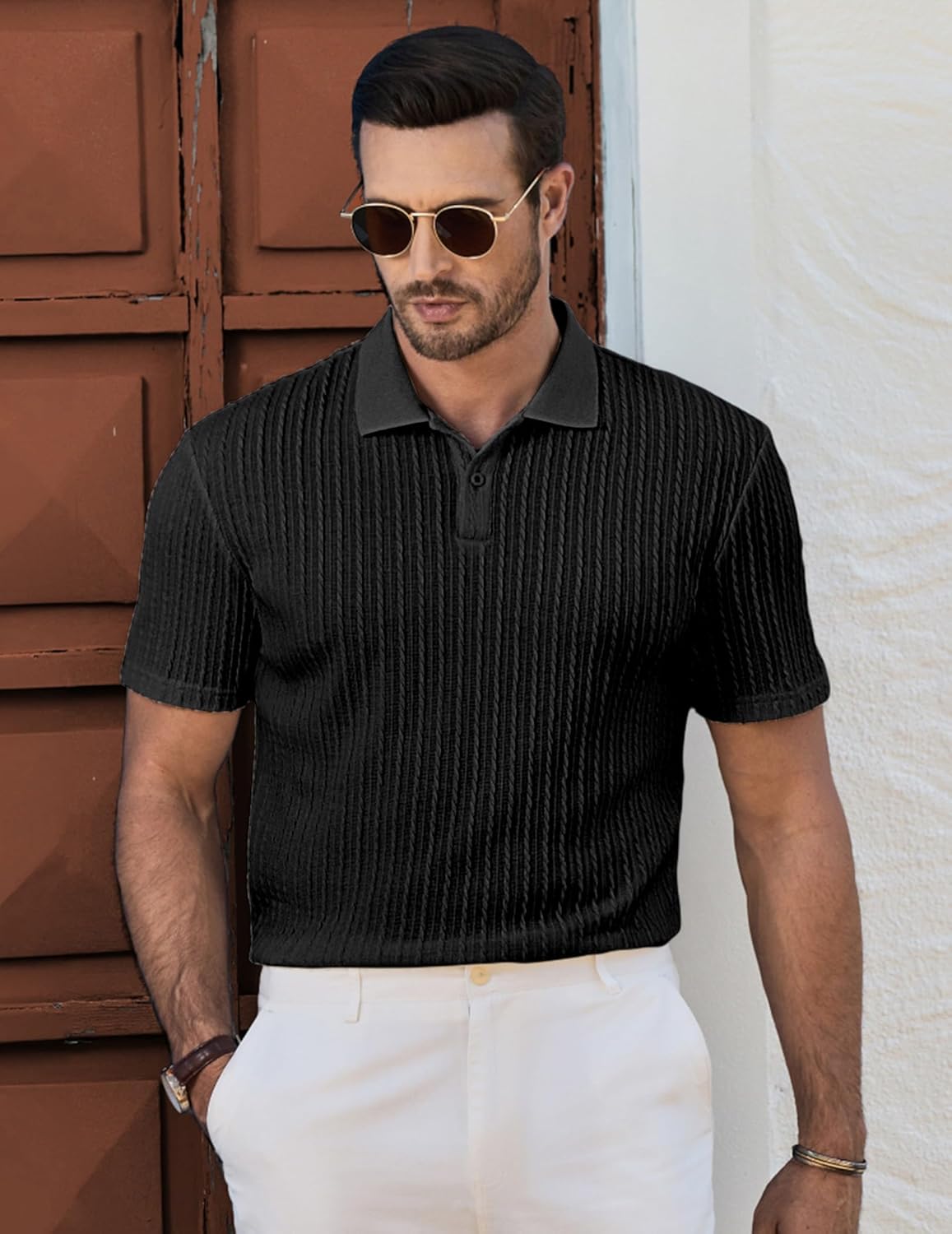 Mens Knit Polo Shirts Short Sleeve Button Down Texture Polo T Shirts Casual Golf Polo Collared Shirts - Image 3