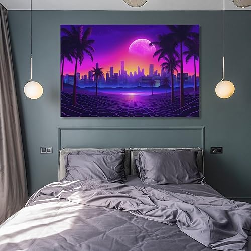 Miniatura 8 de Palm Tree Cityscape Neon Synthwave Retrowave Poster Canvas Wall Art Posters & Prints Painting for Bedroom Classroom Dorm Living Room Aesthetic Decor