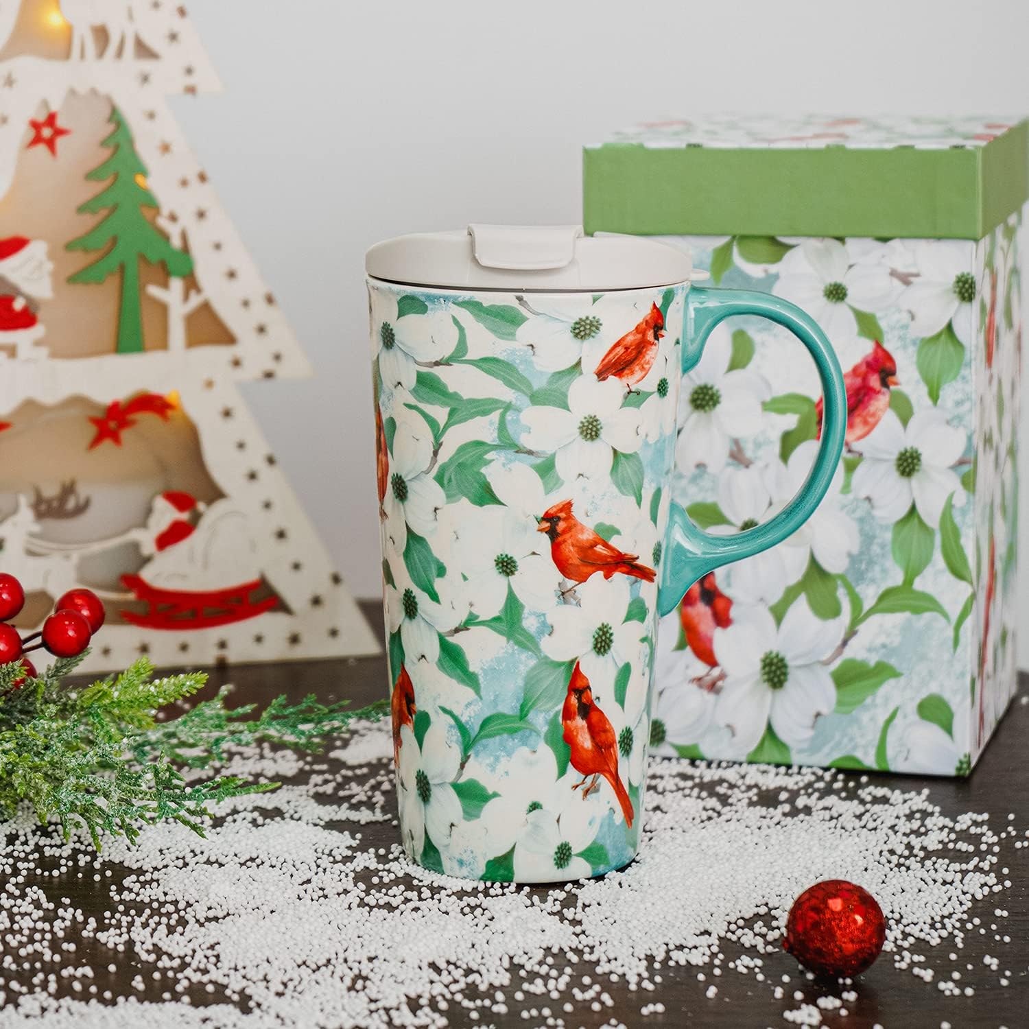 Topadorn Christmas Ceramic Coffee Travel Mug with Sealed Lid Tea Cup with Color Box, Microwave & Dishwasher Safe, 17oz Unique Coffee Mug for Latte & Hot Chocolate, Red Cardinals Bird - Image 2