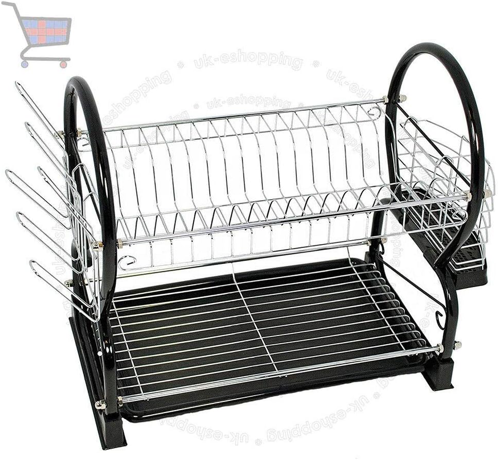 TAHA® 2 TIER CHROME PLATE DISH CUTLERY CUP DRAINER RACK DRIP TRAY HOLDER BLACK