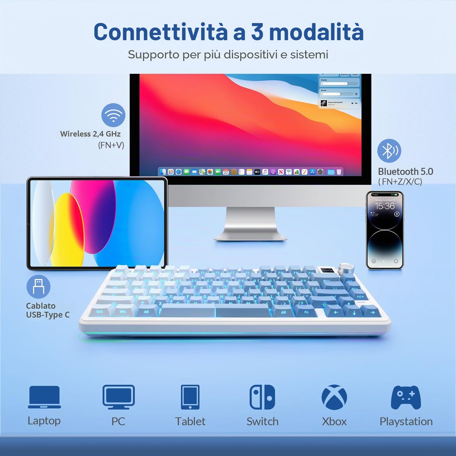 Rii Tastiera meccanica wireless da gioco con display TFT e manopola, tastiera cremosa sostituibile a caldo con retroilluminazione RGB, trimodalità BT/2.4G/USB-C, per Windows/Mac/Linux (blu)