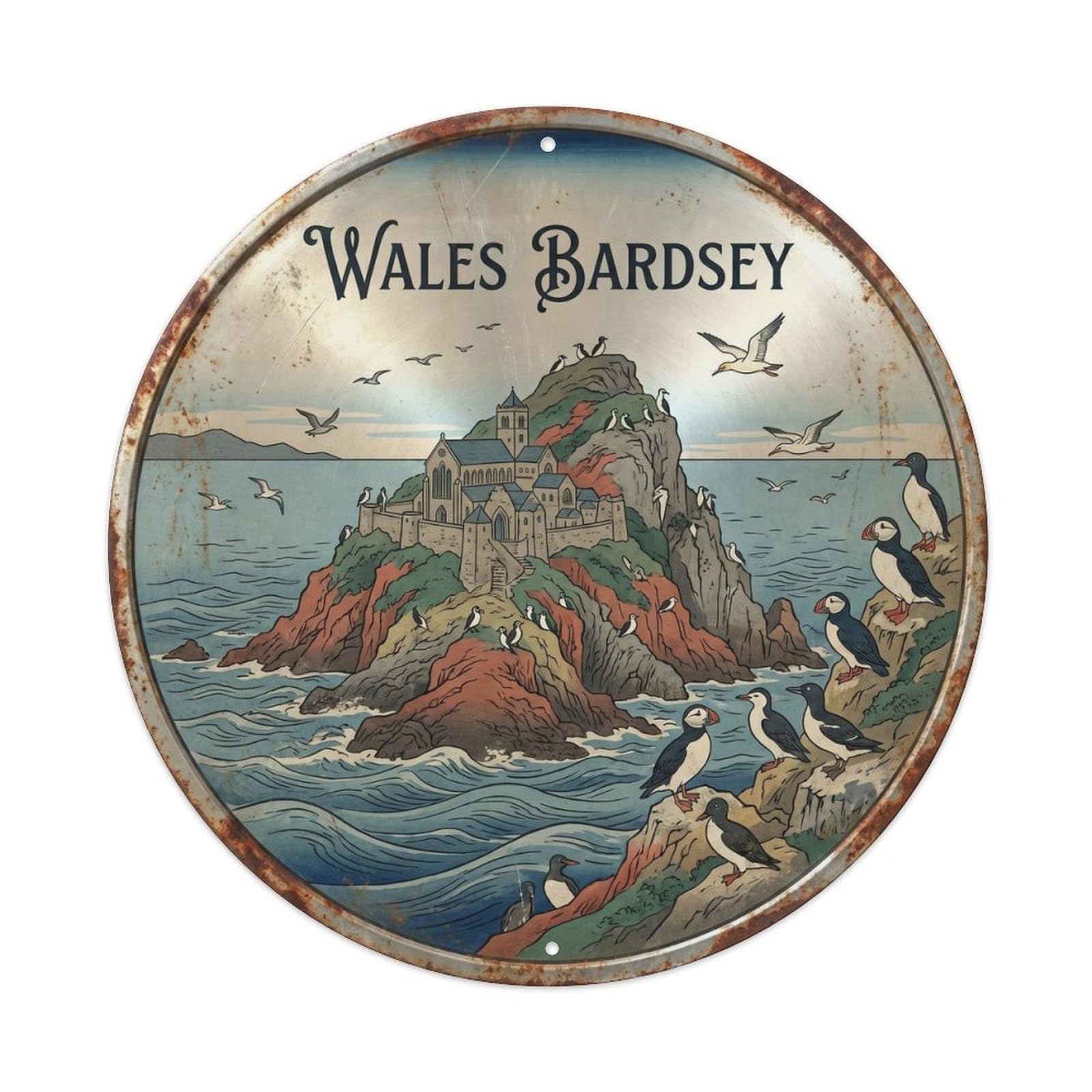 Yrnq 8X8inch Vintage Style Bardsey Pilgrimage Welsh Woodblock Travel Landmark Metal Tin Sign