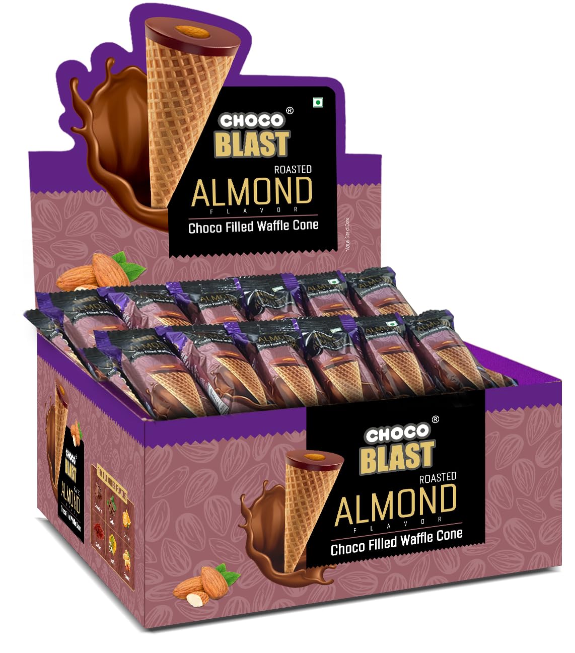 Pure Temptation Chocoblast Chocolate-Filled Waffle Cones [30 Pieces Chocolate Box] Snacks for Kids & Adults- Non-Meltable Gift Pack- Individually Wrapped Cone Bites- Roasted Almond