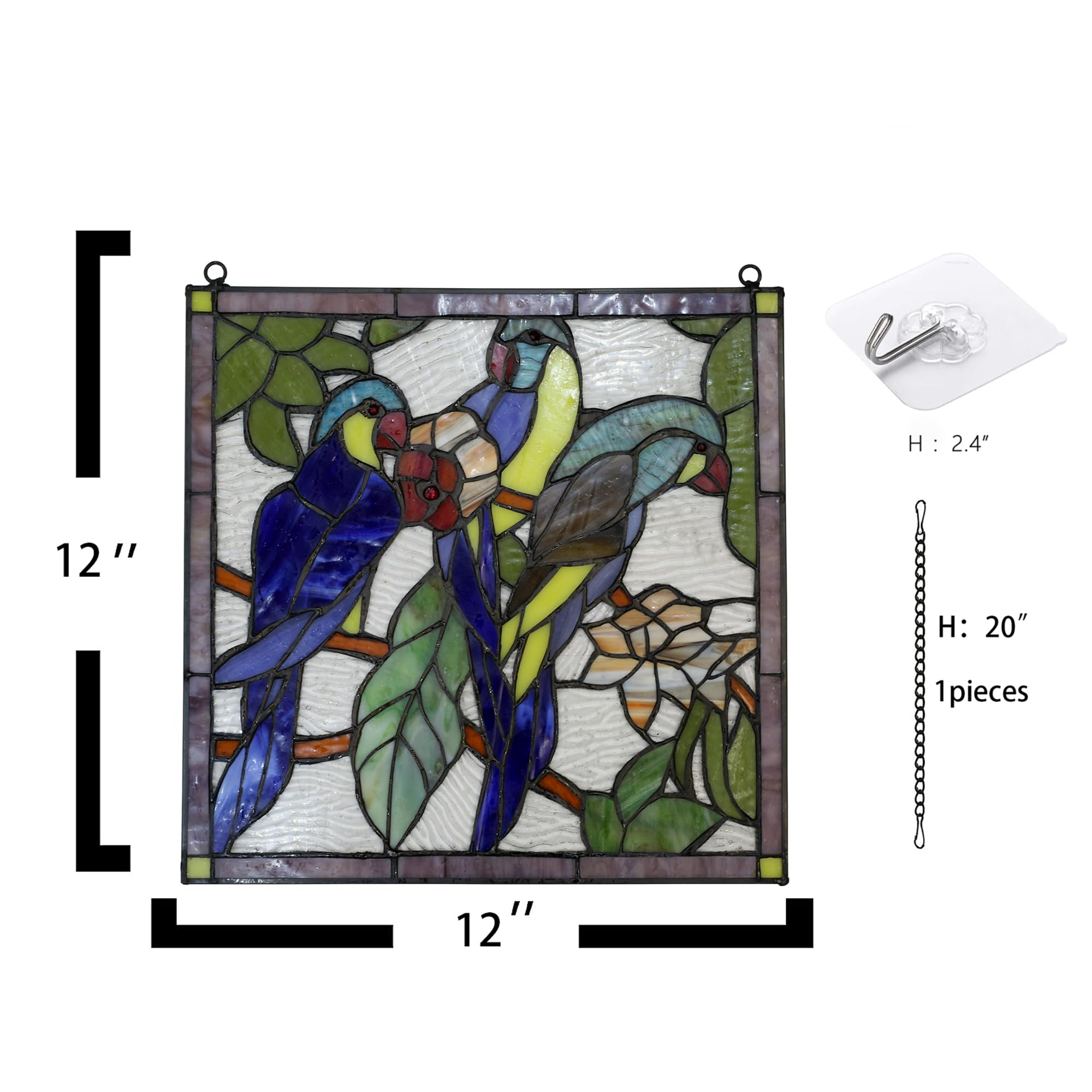 Quadratisches Buntglas-Fensterpaneel, handgefertigt, Tiffany-Stil, 30,5 cm, perfekt für Wohnzimmer, Schlafzimmer, Küche, Dekoration, Einweihungsgeschenk (Papagei)