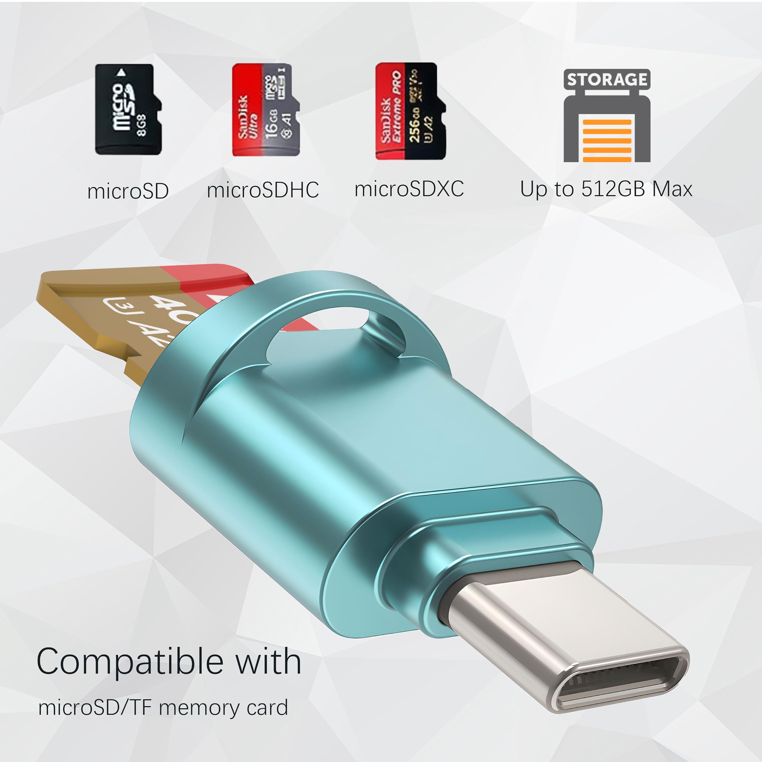 Czytnik kart micro SD USB C do telefonu z systemem Android, aparatu, laptopa z brelokiem, mini metalowy czytnik kart typu C, niebieski