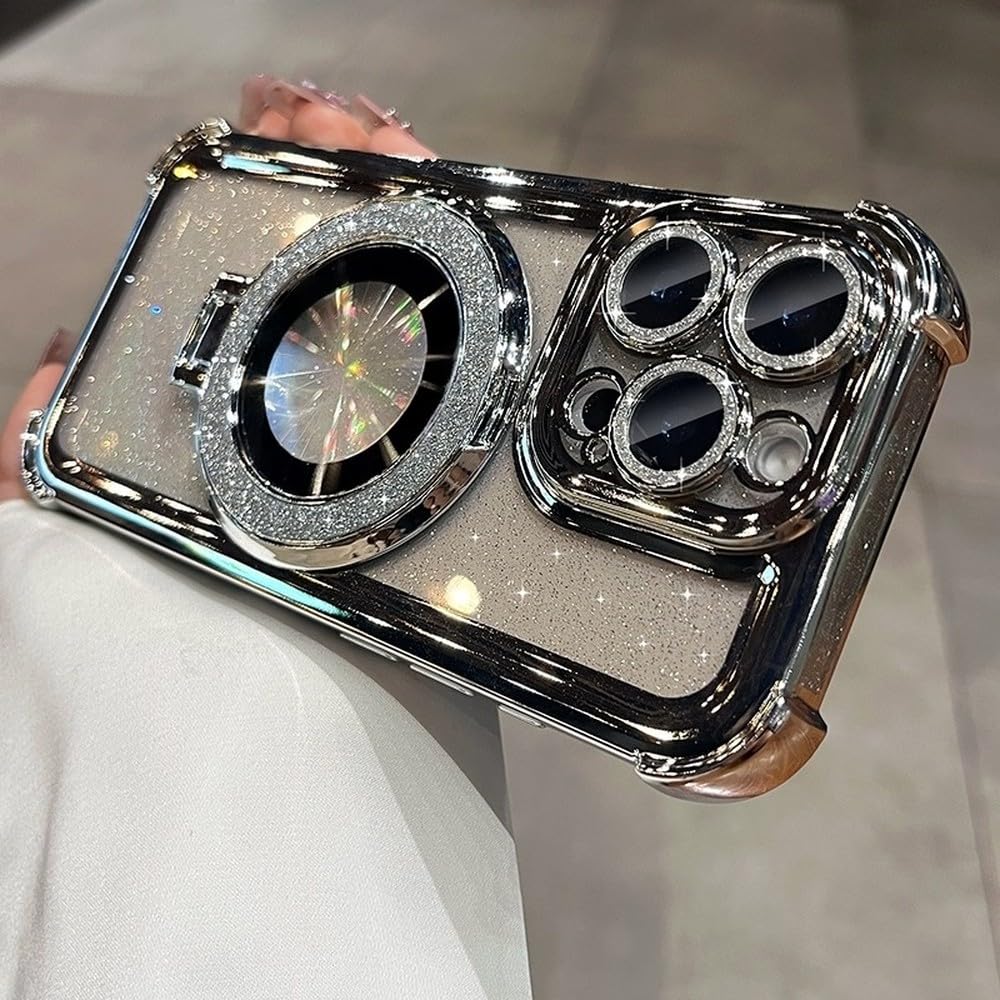 Coque iPhone 16 Plus transparente argentée avec paillettes et bague - 6