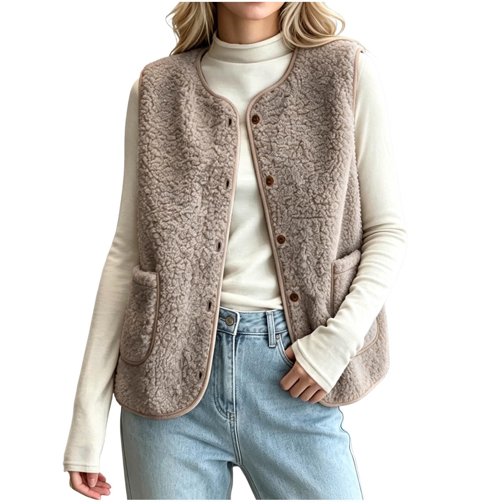 Teddy Fleece Weste Damen Herbst Winter Warm Westen Ärmellos Plüschweste | Flauschig Plüschjacke Leicht Casual Damenweste Wintermantel Mit Taschen und Knopf Teddyfell Weste Teddyjacke Fleecejacke
