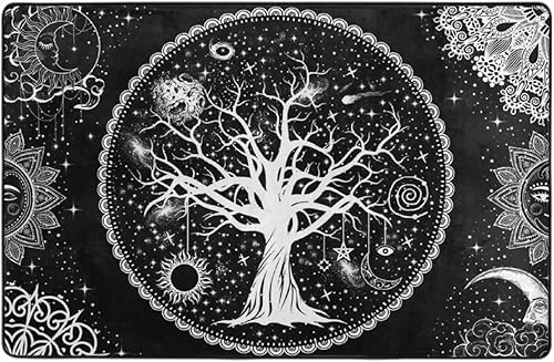 Miniatura 2 de Alfombra antideslizante para interiores, impermeable, resistente a la suciedad, árbol de la vida, diseño de mandala, luna y sol, color negro, patrón