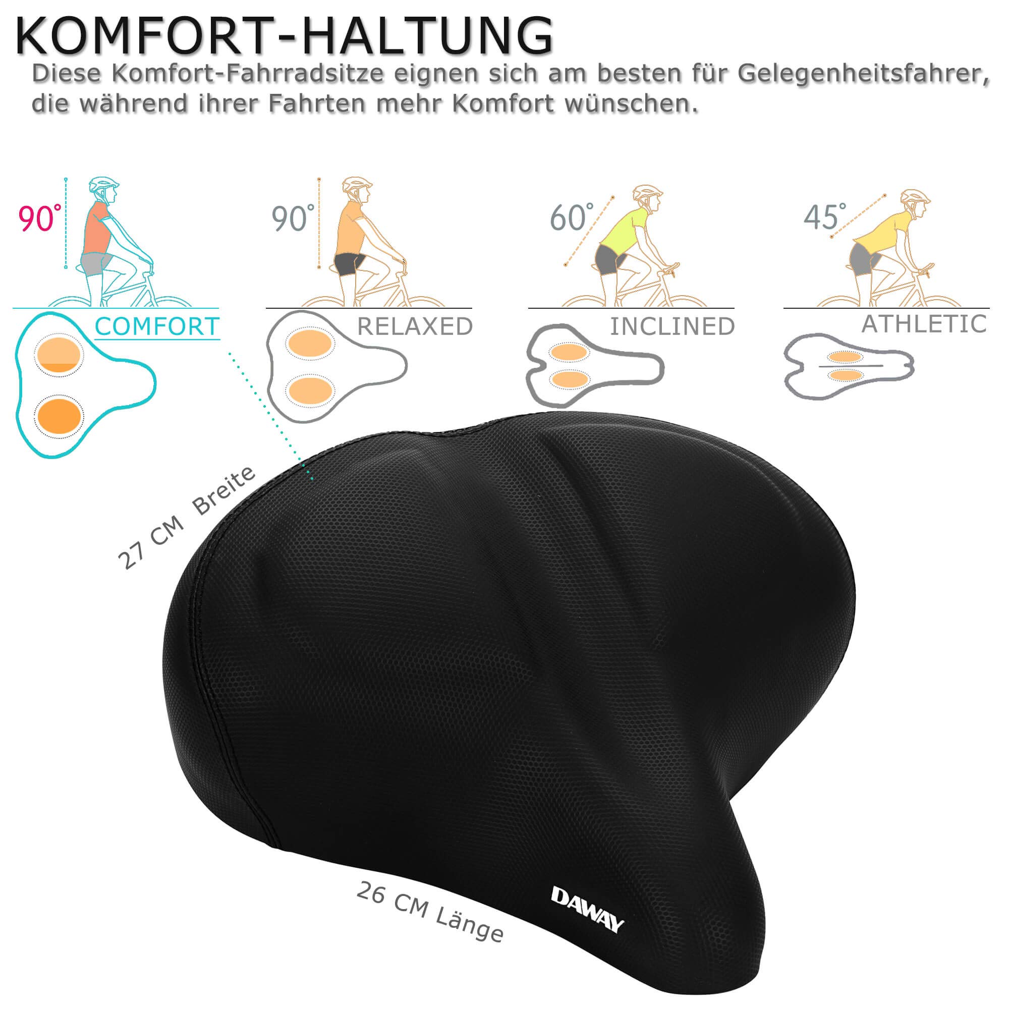 DAWAY Übergroßer Bequemer Fahrradsattel - Extra Weicher Schaum Gepolstert Fahrrad Sattel für Damen, Herren & Senioren - Universeller Ersatzsattel für Heimtrainer, MTB, E-Bike, Cityrad & Rennrad