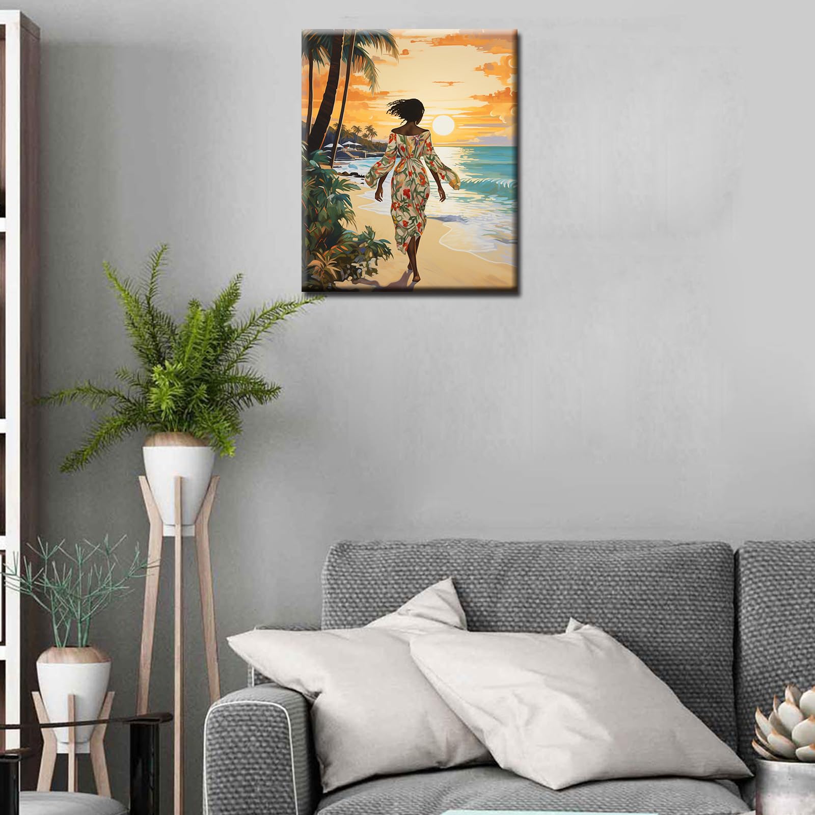 Hawaii Seascape Paintwork African Girl at Sunset Paint by Number Kits 16 x 20 inch Canvas Tropical Coconut Tree DIY Oil Painting for Kids Adults Beginner with Brushes and Acrylic Gift(Frameless)