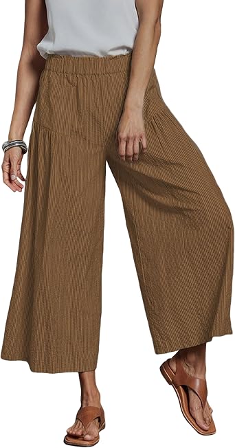 Bianstore Womens Wide Leg Palazzo Pants Casual Striped Cropped Pants Elastic Waist Trousers with Pockets