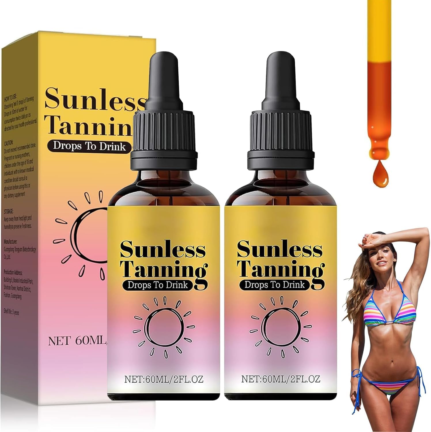 Sunless Tanning Drops, 2PCS Gotas Autobronceadoras Sin Sol, Gotas Bronceadoras Orales, Potencian La Melanina De Forma Natural, Realzan El Tono Natural