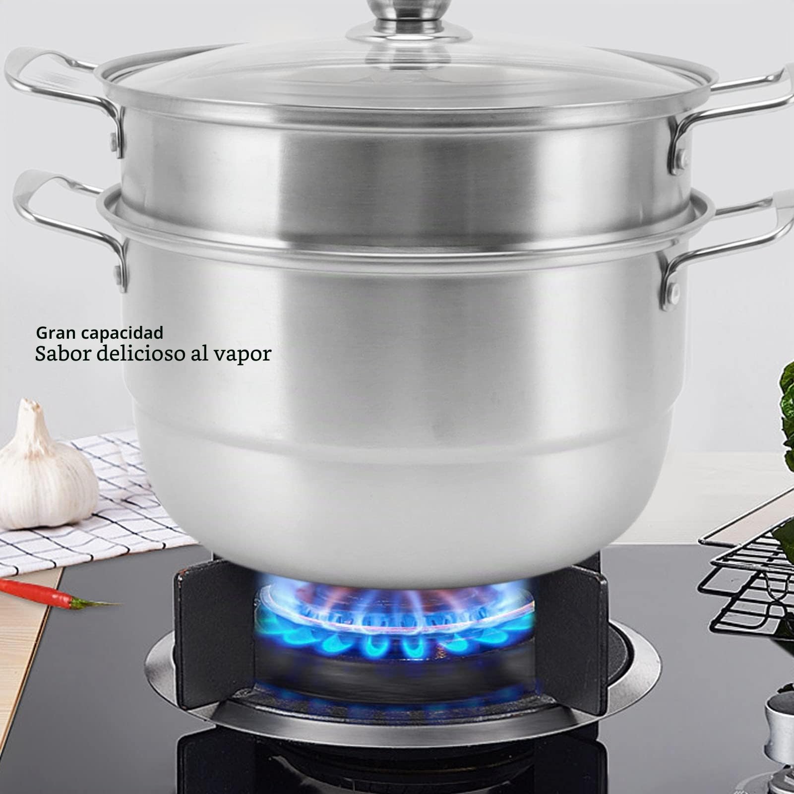 Olla De Vapor De Acero Inoxidable Para Cocinar, Olla De Vapor De 28 Cm, Vaporera De Pescado Con Tapa De Vidrio, Sartén Para Cocer, Olla Al Vapor, Utensilios De Cocina, Vaporera Para Verduras(3 Tier)